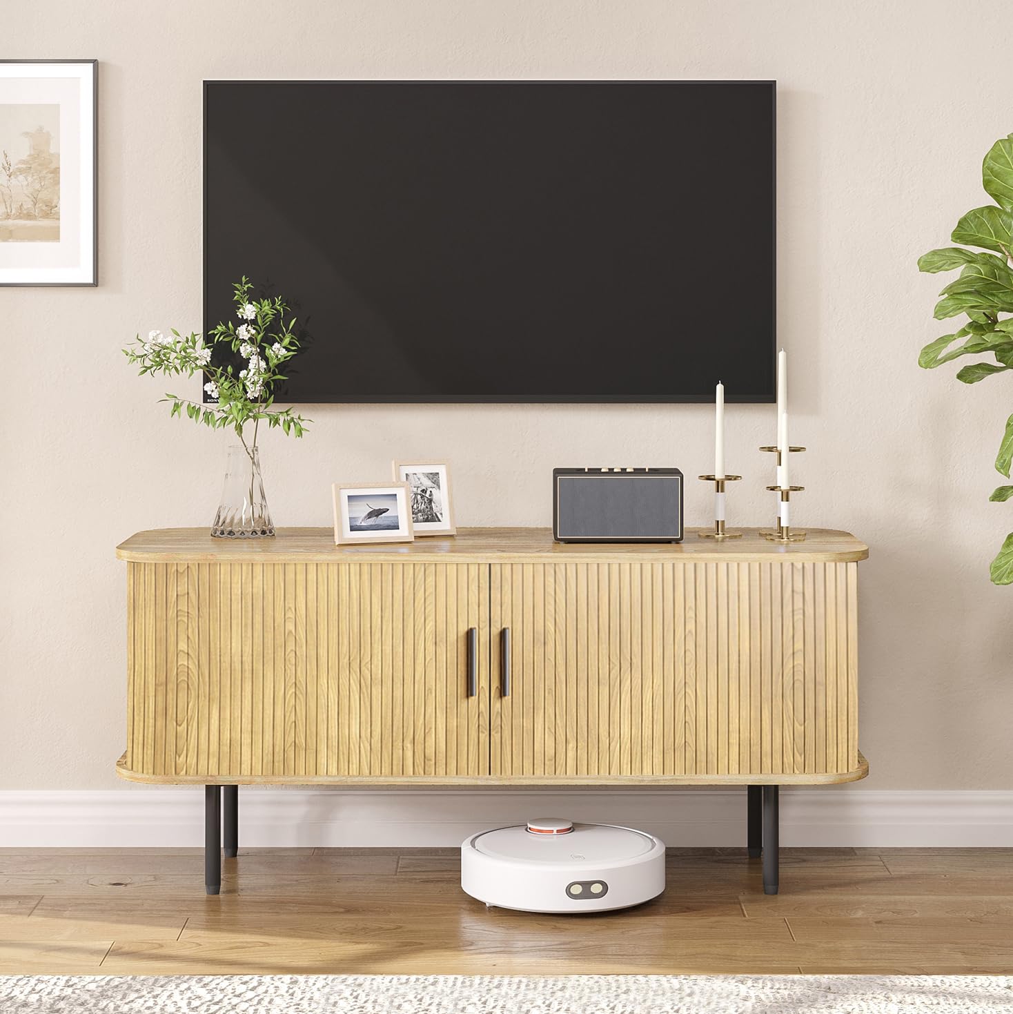 Gaming Console Cabinet - Meuble TV cannelé naturel pour téléviseur